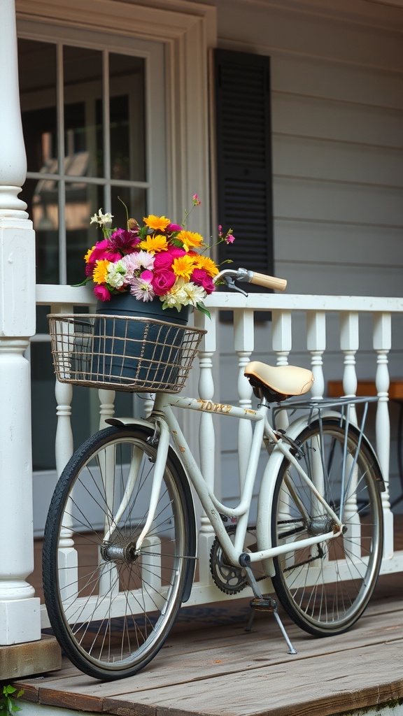 A vintage bicycle with a flower-filled basket, leaning against a porch railing.