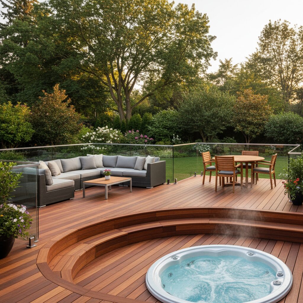 back yard patio ideas with hot tub